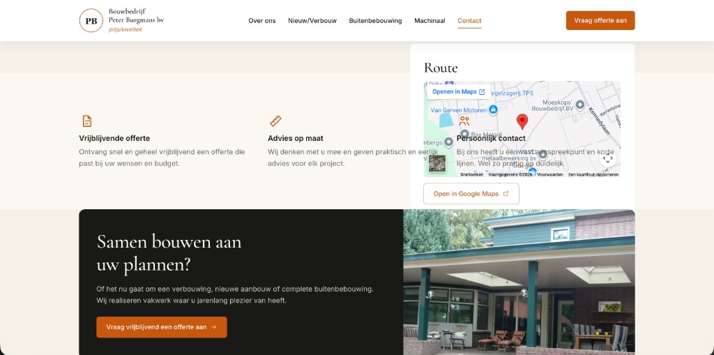 Contactpagina met route en offerte
